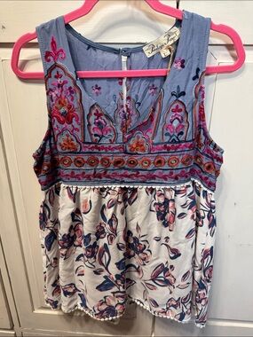 Penelope Project Blue Embroidered Floral Sleeveless Top